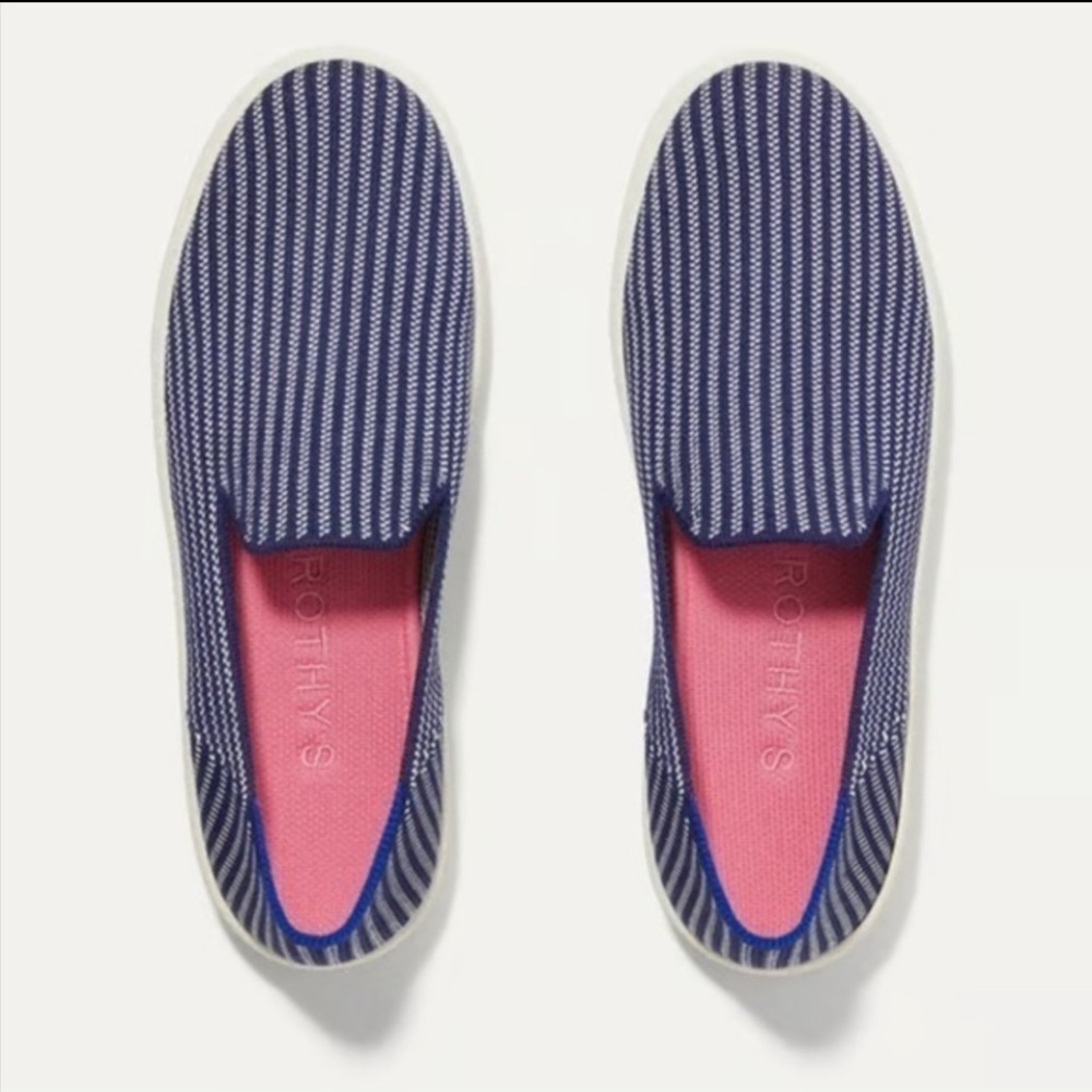 Rothy's Navy Striped Color Slip-on Sneakers Riviera Pinstripe Womens size 9